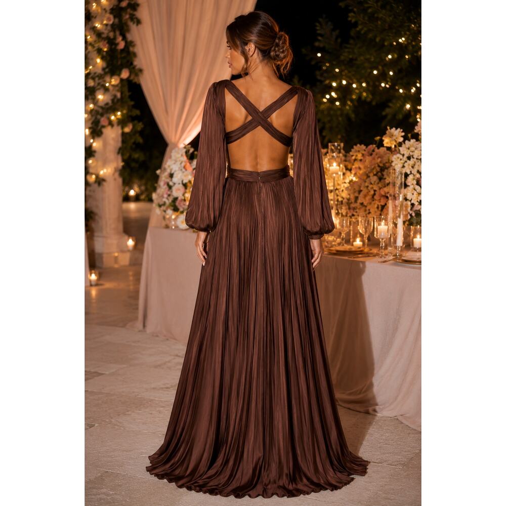 New with Tags Mac Duggal 26737 Brown Pleated Cutout Gown Long Sleeve Size 8 - Picture 2 of 16